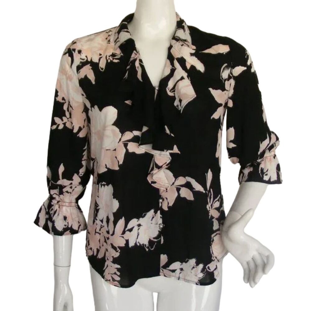 KARL LAGERFELD Top, S, Black, Pink Floral, Ruffle neck, Buttons, Bell sleeve